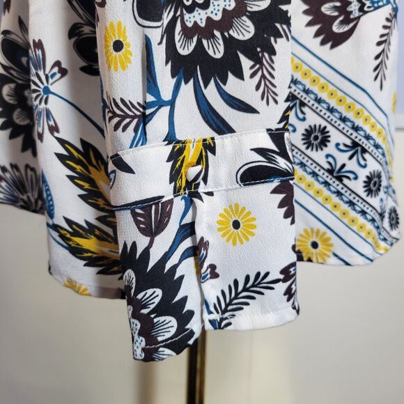 Liz Claiborne Career Extra Large Blue Yellow Floral Round Neck Longsleeve Blouse - Picture 4 of 9